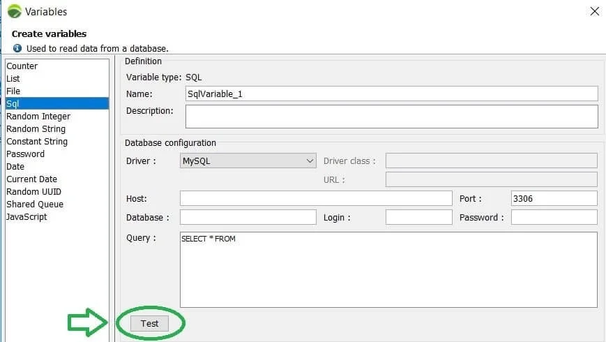 Tricentis NeoLoad - SQL variable creation form