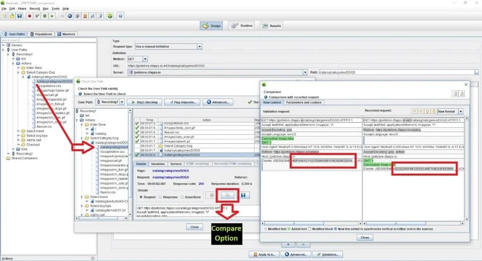 NeoLoad - Comparison between a recorded request and its playback