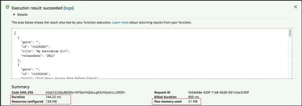 Figure 1: AWS Lambda provides information about memory usage and function duration 