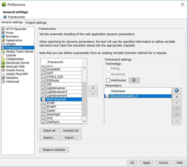 Framework selection screen on NeoLoad