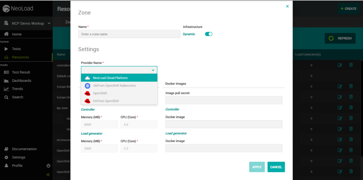 SaaS load generators - Provider name drop-down