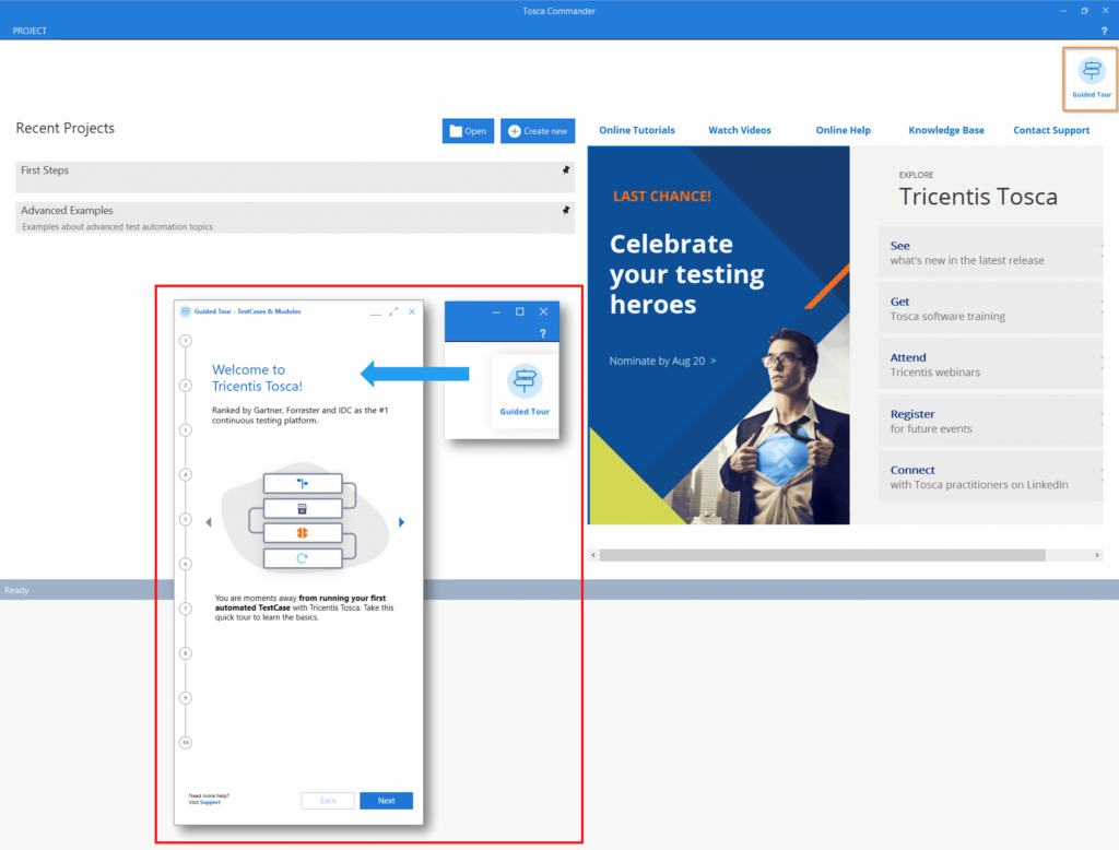 Tricentis Tosca Guided Tour welcome screen