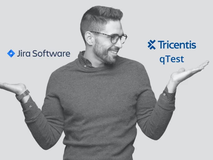Man with beard and glasses pointing to texts "Jira Software" and " Tricentis qTest"