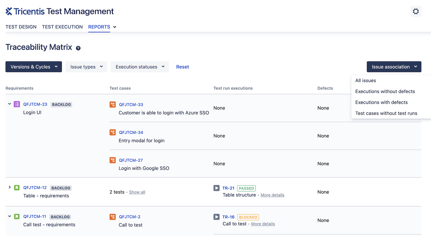 Traceability matrix within Tricentis Test Management for Jira