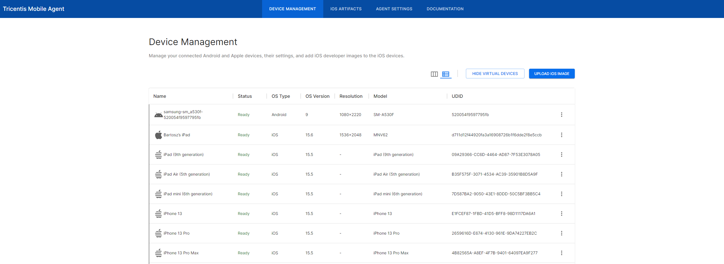 Device Management User Interface in Tricentis Mobile Agent (TMA)