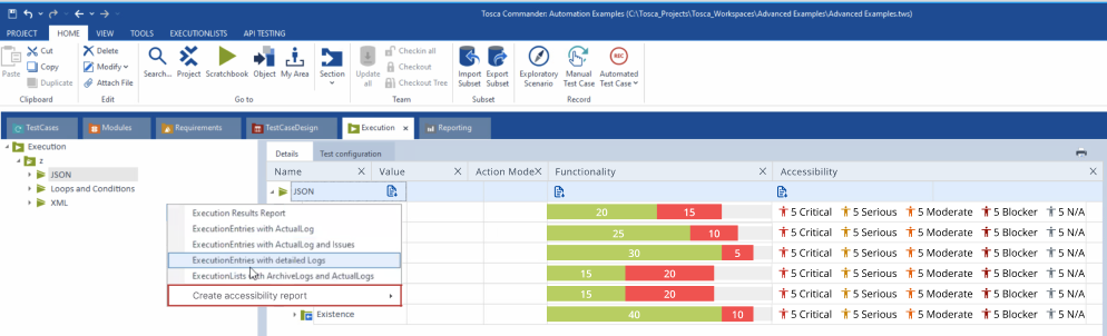 Tricentis Tosca accessibility testing execution log