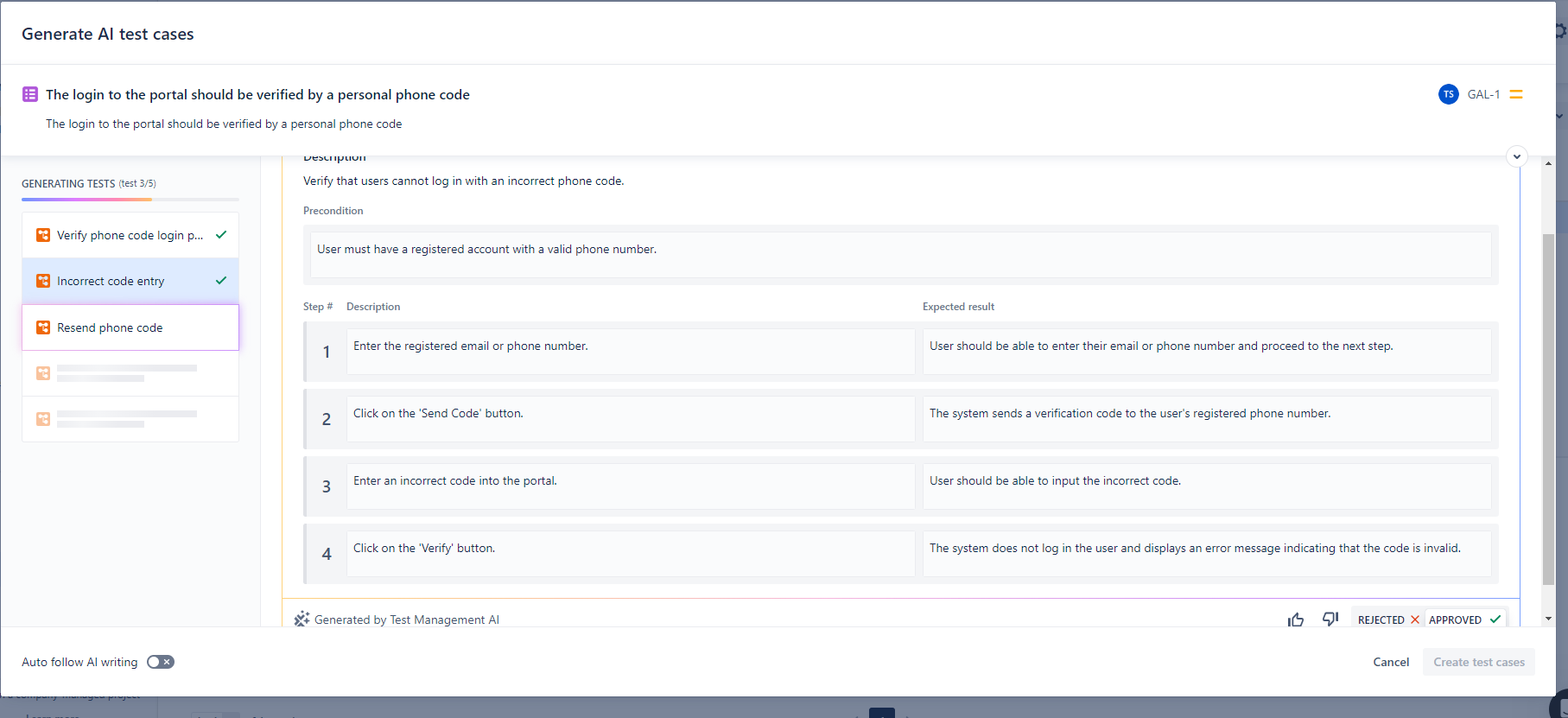 Screenshot of Tricentis Test Management for Jira's AI test-case generation