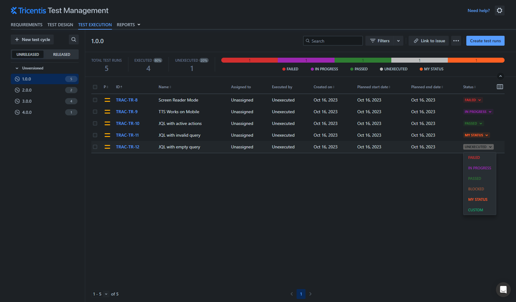 Screenshot of Tricentis Test Management for Jira's dark mode